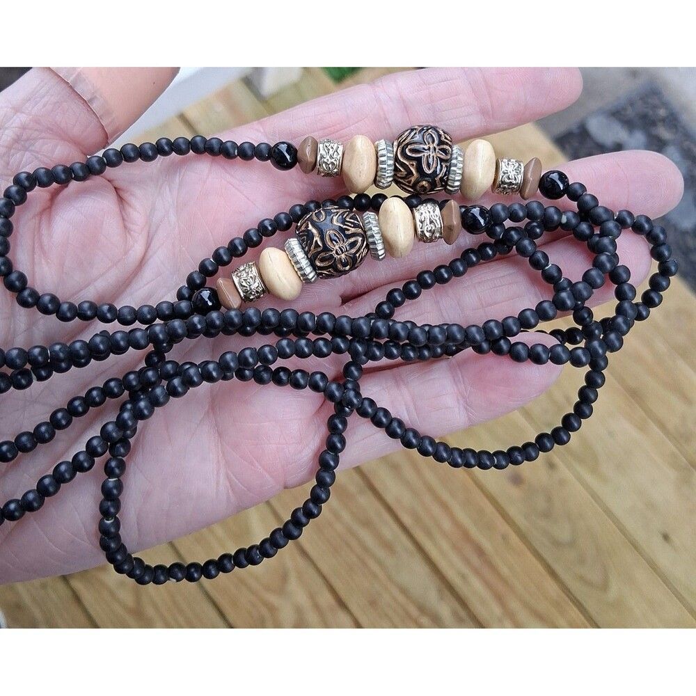 Women's 23" Long Black Beaded Sweater Wrap Necklace with Decorative Beads